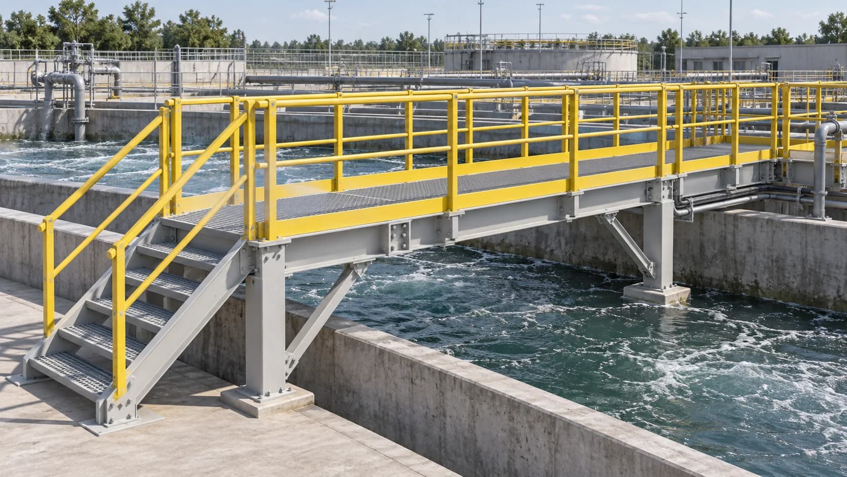 Concept rendering of gray pultruded FRP beams, columns and bracing supporting a grating access platform with yellow handrails beside wastewater treatment basins