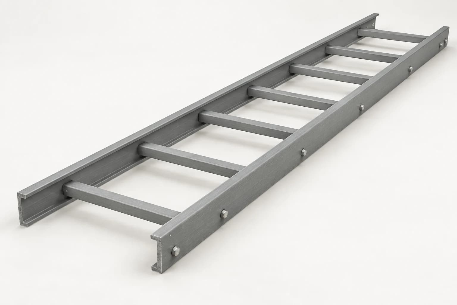 Gray fiberglass cable ladder with two pultruded channel side rails and regularly spaced transverse rungs