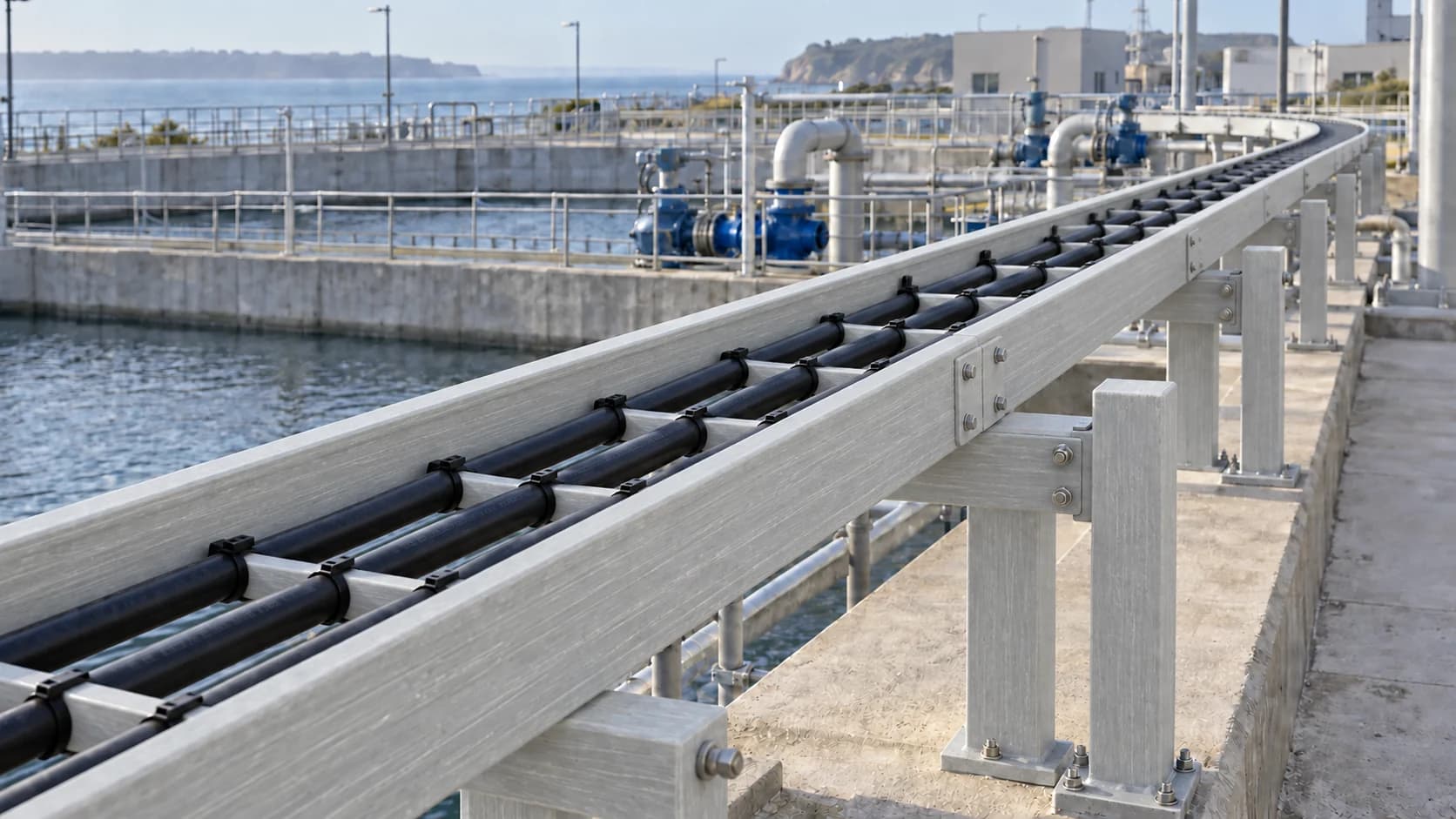 Cables resting on ladder rungs between pultruded side rails, with brackets on vertical supports beside treatment basins