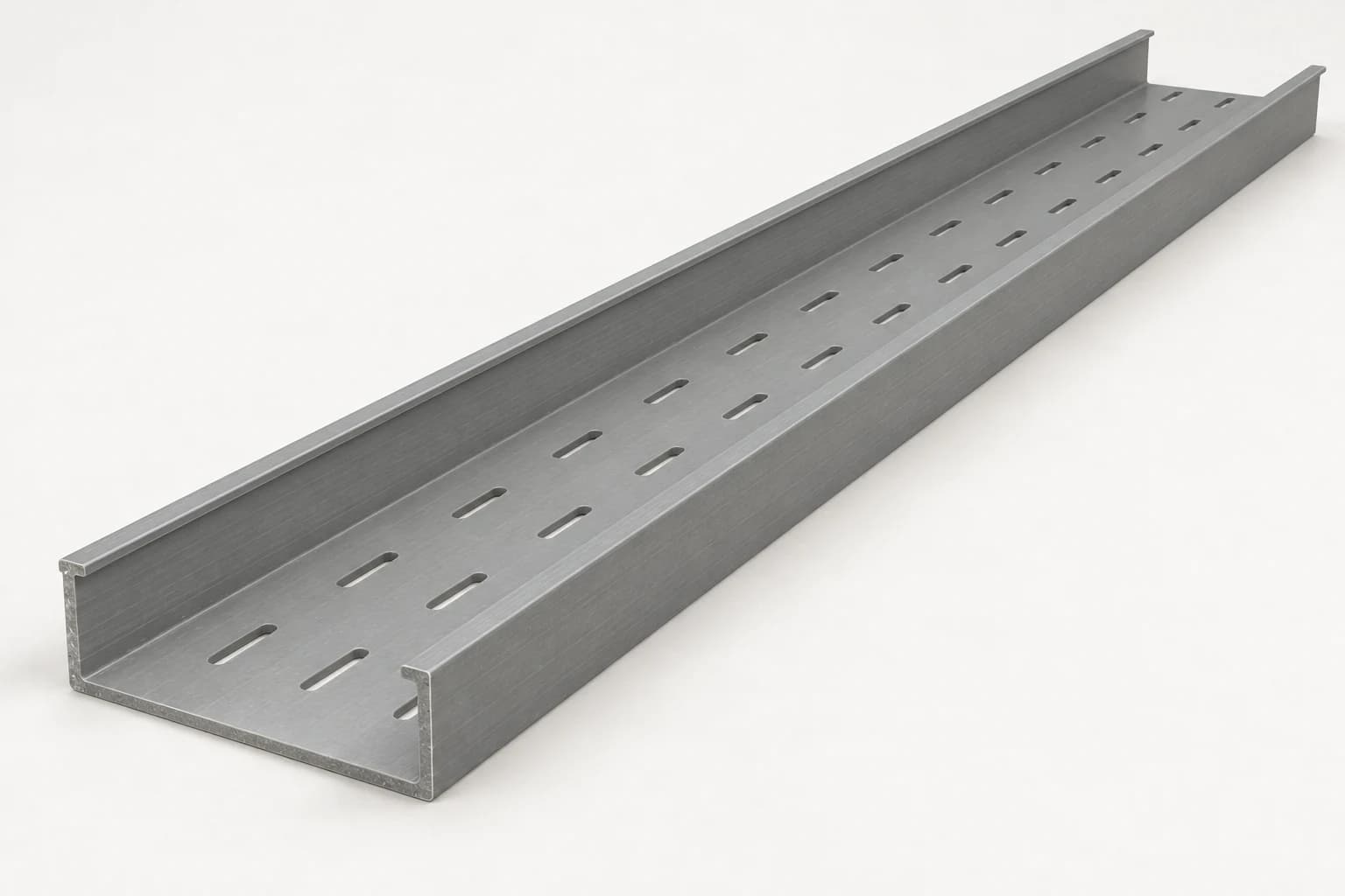 Gray fiberglass channel tray with a continuous base, ventilation slots and integral side walls