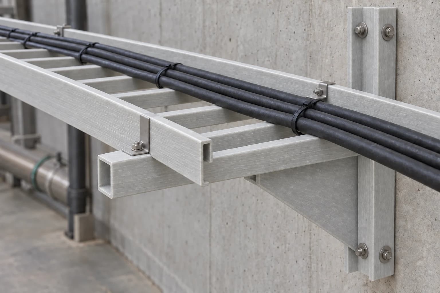 Concept illustration of an FRP cable tray on a wall-mounted pultruded support bracket