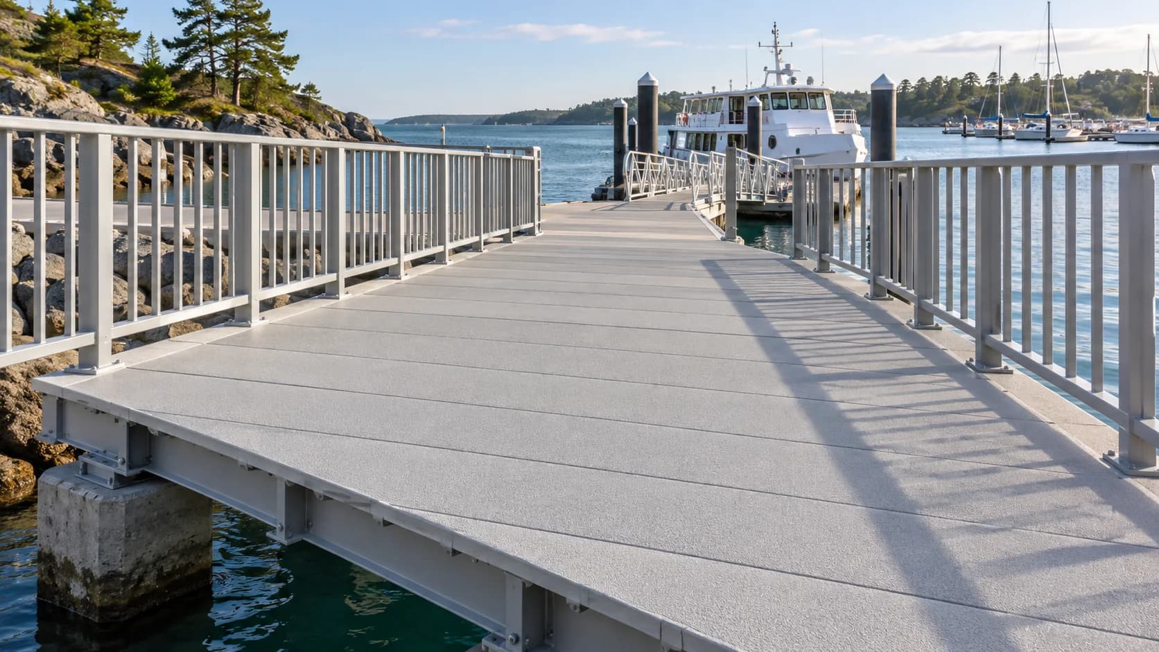 Gray closed-top FRP deck panels with an anti-slip surface on a coastal pedestrian bridge leading to a marina and vessel-access gangway