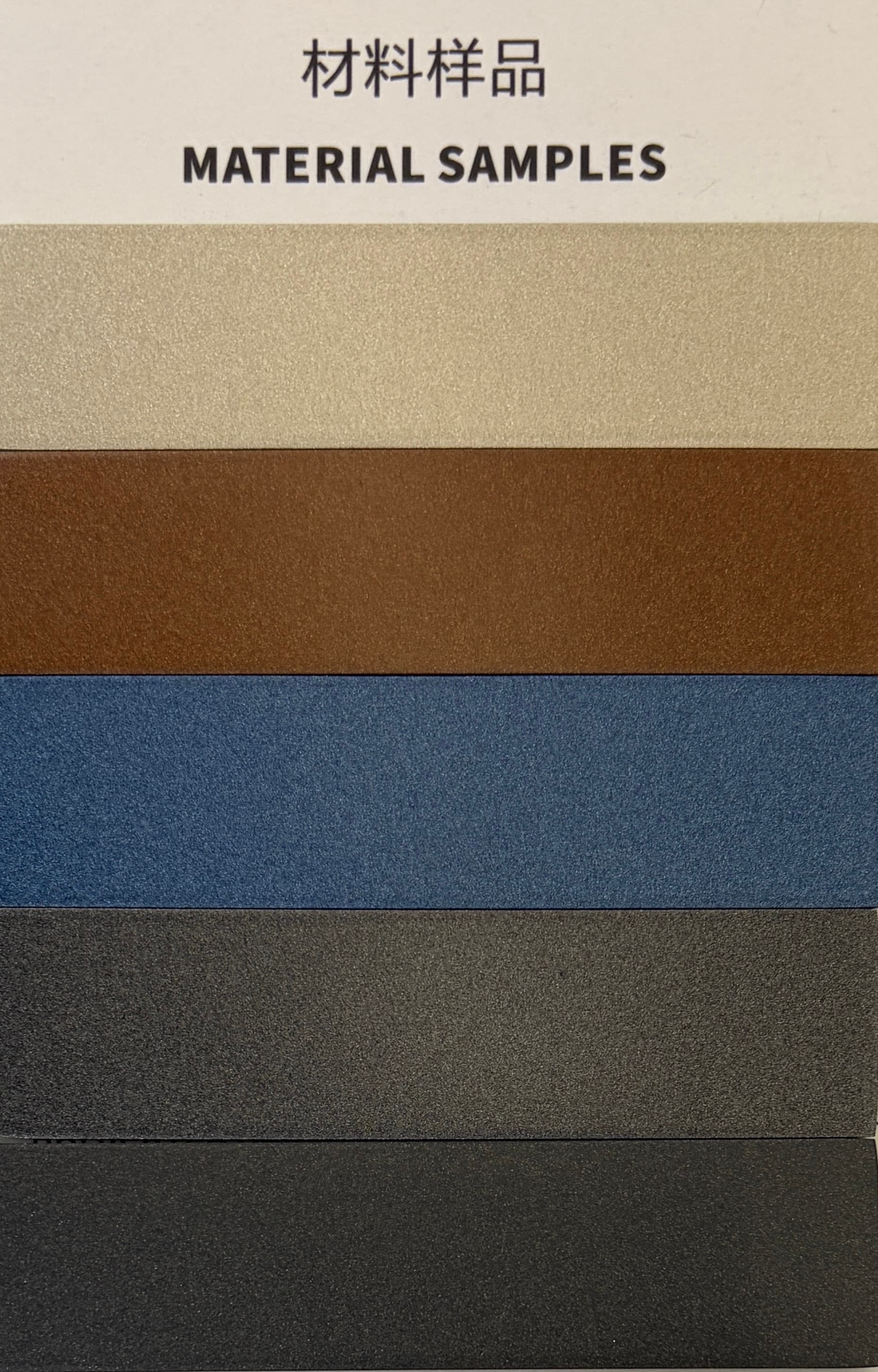 Pultruded F1 Composite FRP window profile finish samples in champagne, copper-bronze, marine blue, anthracite grey, and matte black — visually identical to architectural-grade powder-coated aluminium