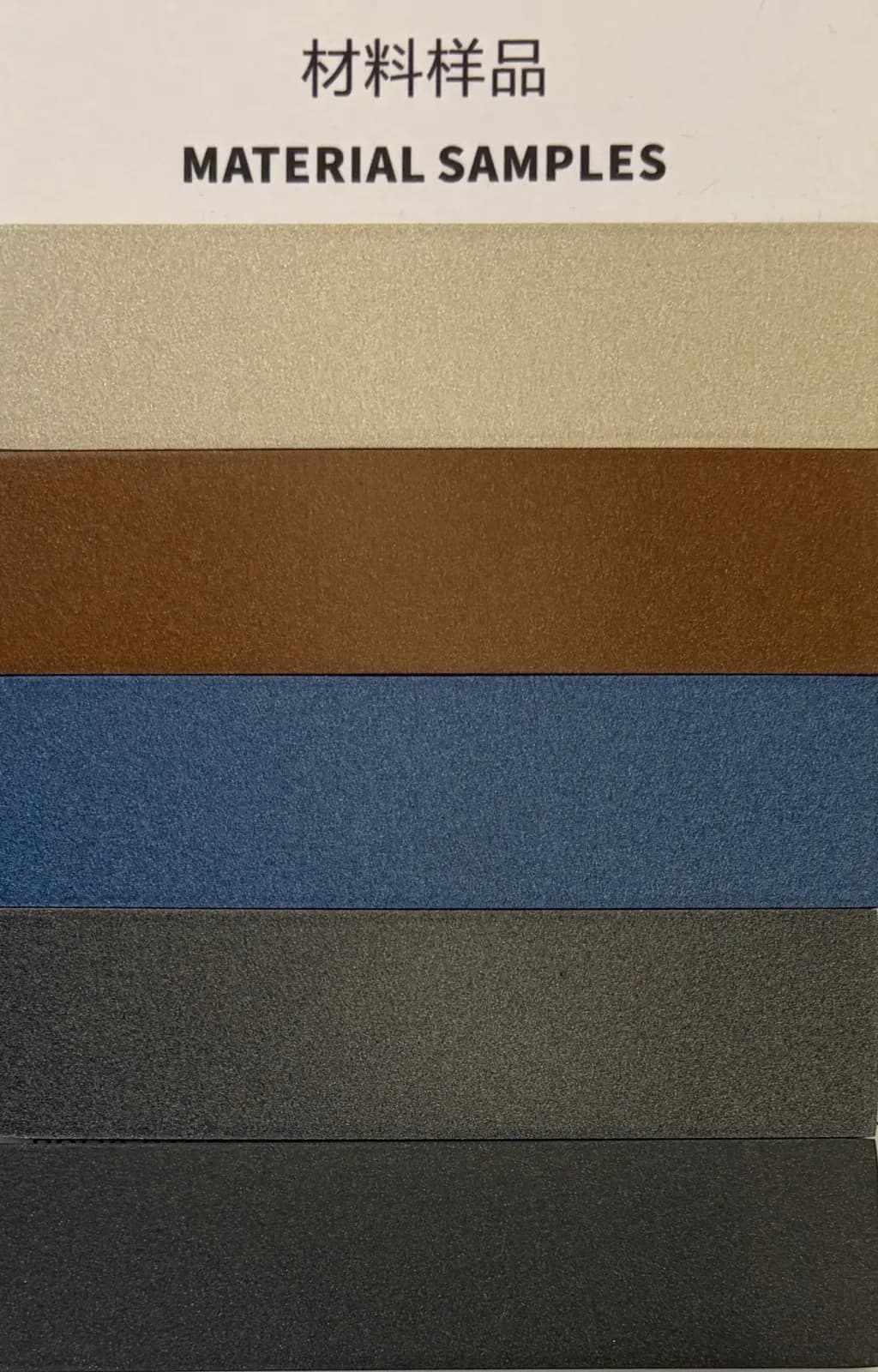 Pultruded F1 Composite FRP window profile finish samples in champagne, copper-bronze, marine blue, anthracite gray, and matte black — visually identical to architectural-grade powder-coated aluminum