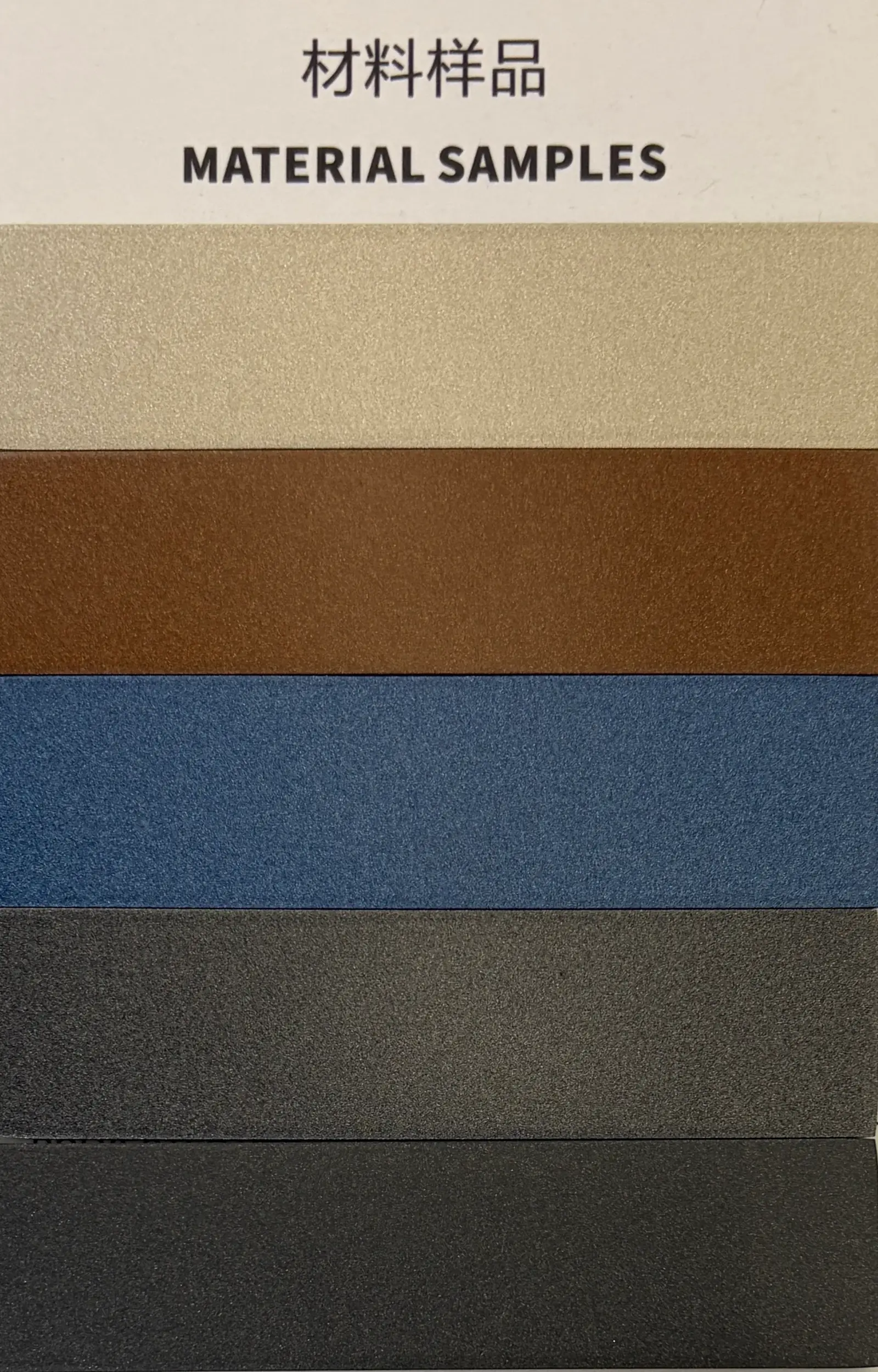 Pultruded F1 Composite FRP window profile finish samples in champagne, copper-bronze, marine blue, anthracite grey, and matte black — visually identical to architectural-grade powder-coated aluminum