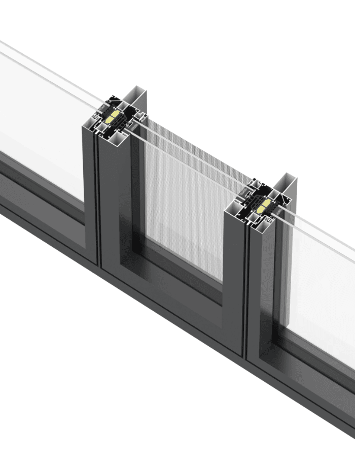 Cutaway render of a thermally broken aluminum sliding-door meeting stile: pultruded GFRP thermal break profiles rolled into both sashes, bridging a deep insulating zone no extruded strip geometry can serve