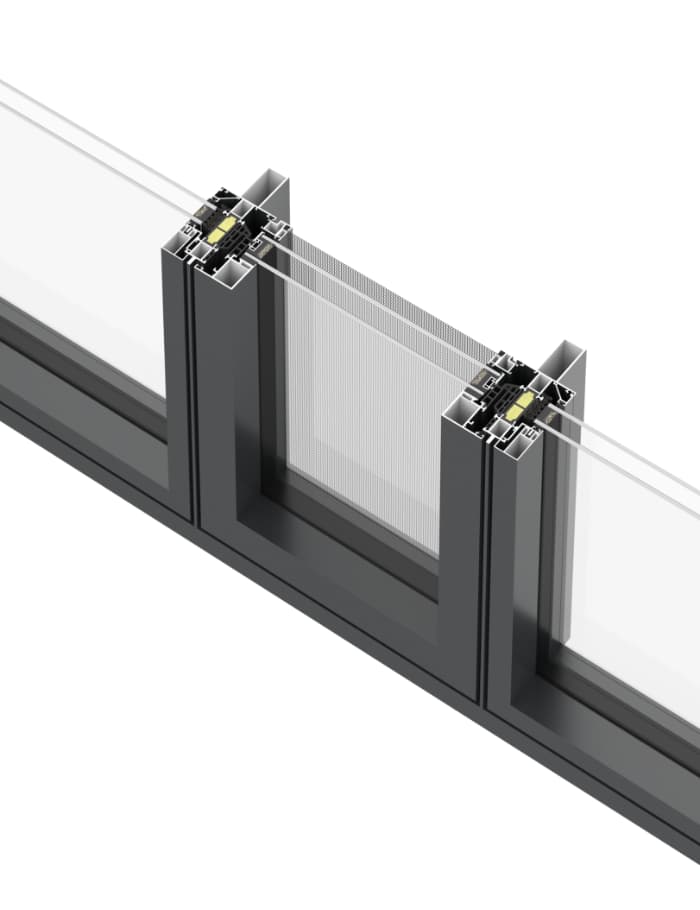 Cutaway render of a thermally broken aluminum sliding-door meeting stile: pultruded GFRP thermal break profiles rolled into both sashes, bridging a deep insulating zone no extruded strip geometry can serve