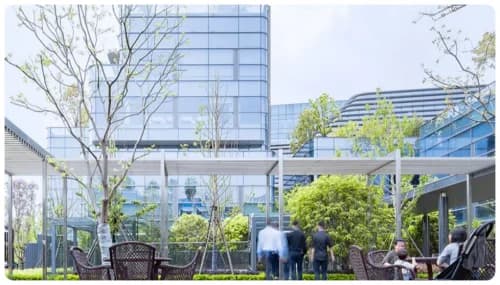 Ground-level courtyard at the Wanhua Yantai Zero-Carbon Community — residents and staff in the landscaped quad between dormitory buildings, with floor-to-ceiling pultruded GFRP-PU windows above