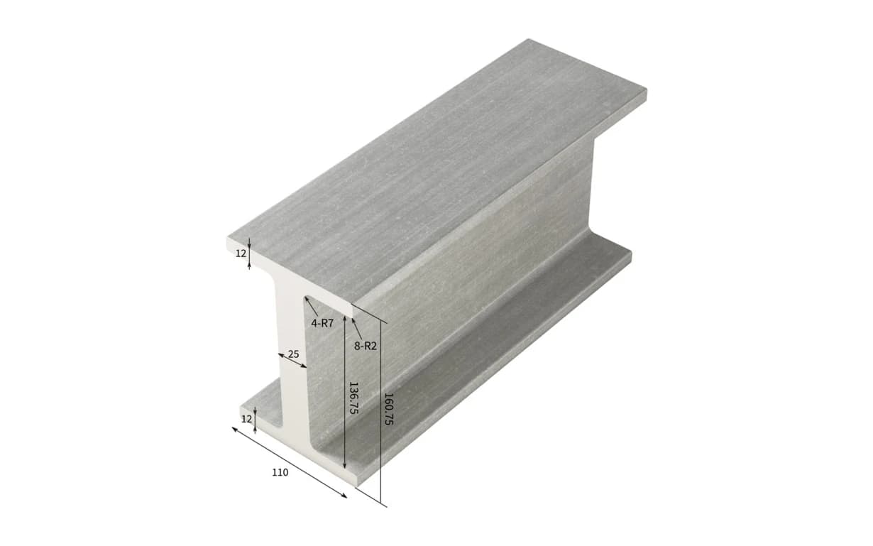 Pultruded FRP I-beam with its section dimensions marked