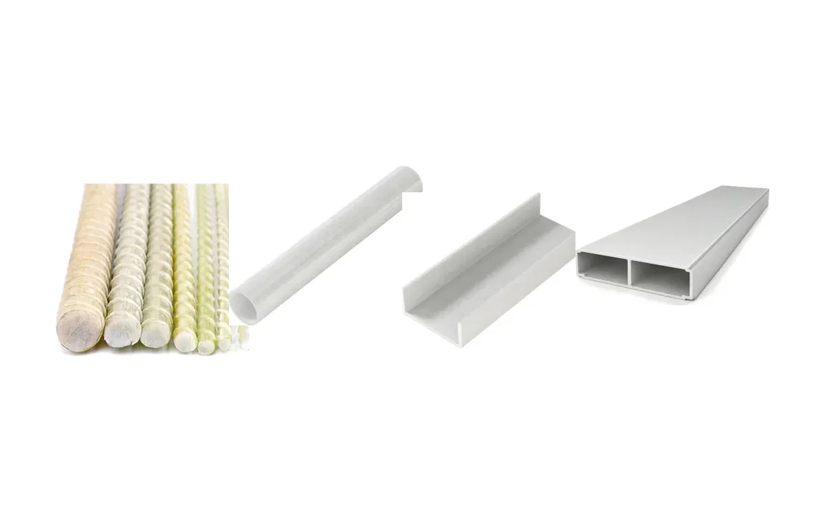 Pultruded FRP in four forms: GFRP rebar, a round tube, a channel and a two-cell plate