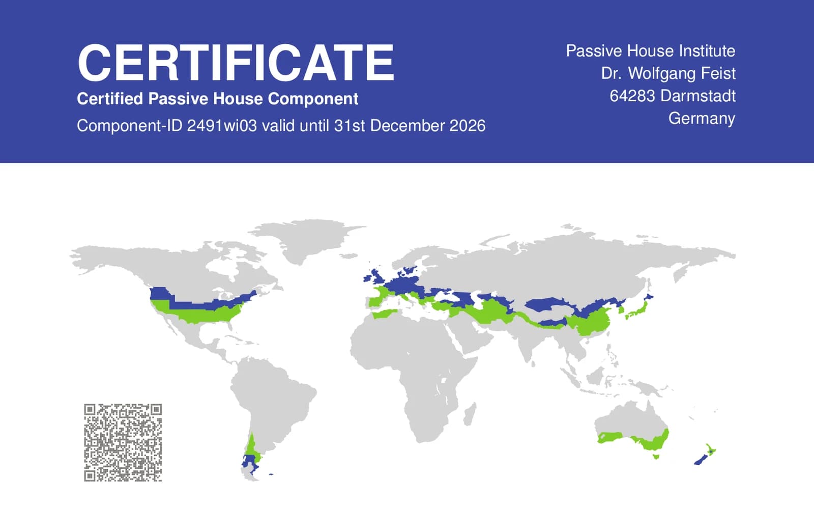 Passive House Institute component certificate 2491wi03 for the Fengdu Passive GFRP 90 Series window frame, with the map of climate zones