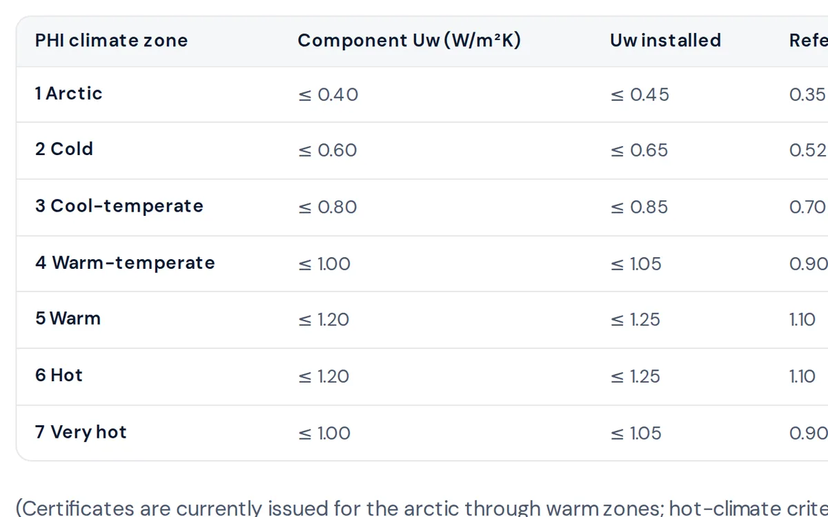 Table of PHI climate zones with the component Uw, installed Uw and reference glazing Ug for each