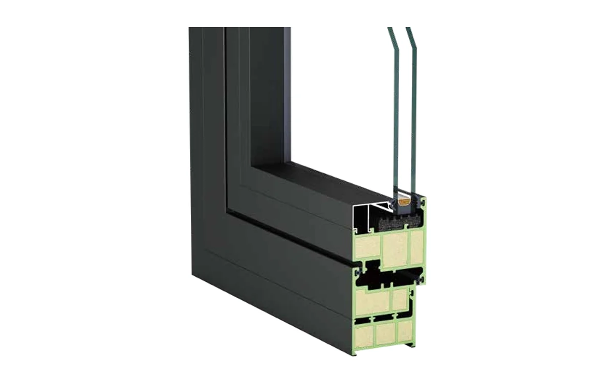 Corner of a finished fiberglass window with triple glazing
