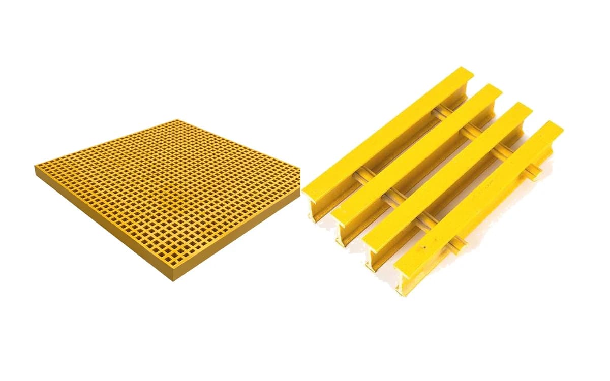 Molded fiberglass grating panel beside pultruded bearing-bar grating