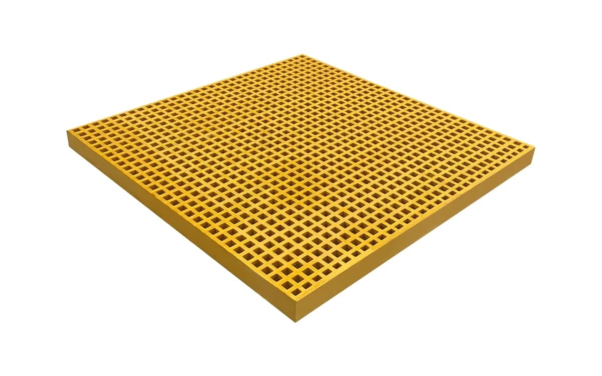 Yellow molded fiberglass grating panel with a square mesh