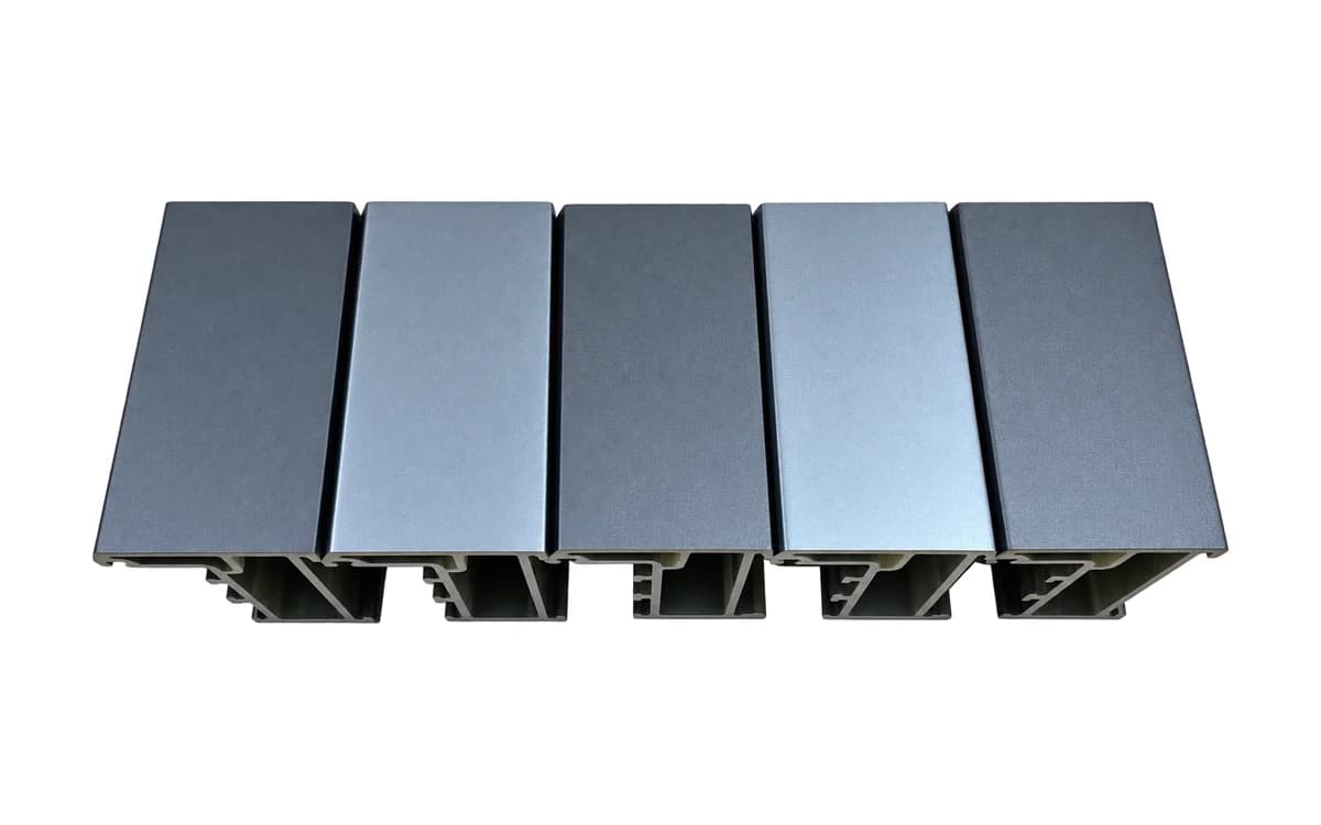 Five pultruded fiberglass window and door profiles showing their cross-sections