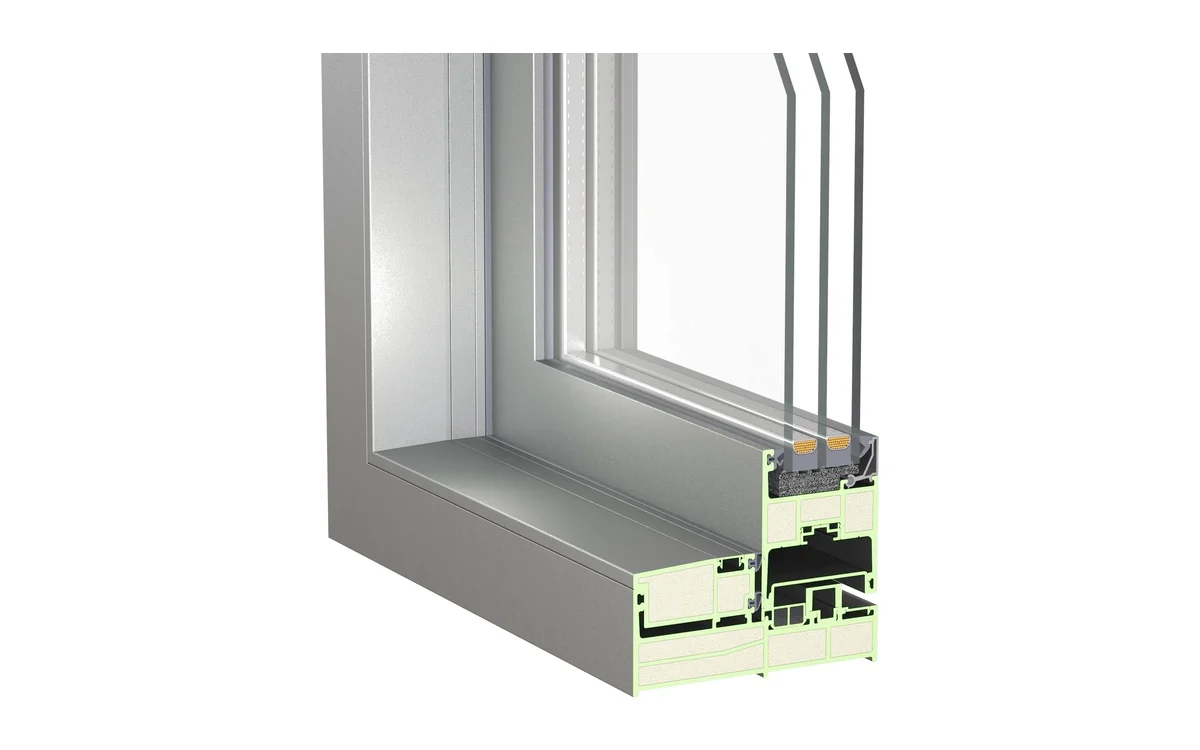 Fiberglass window frame corner with triple glazing and insulated chambers