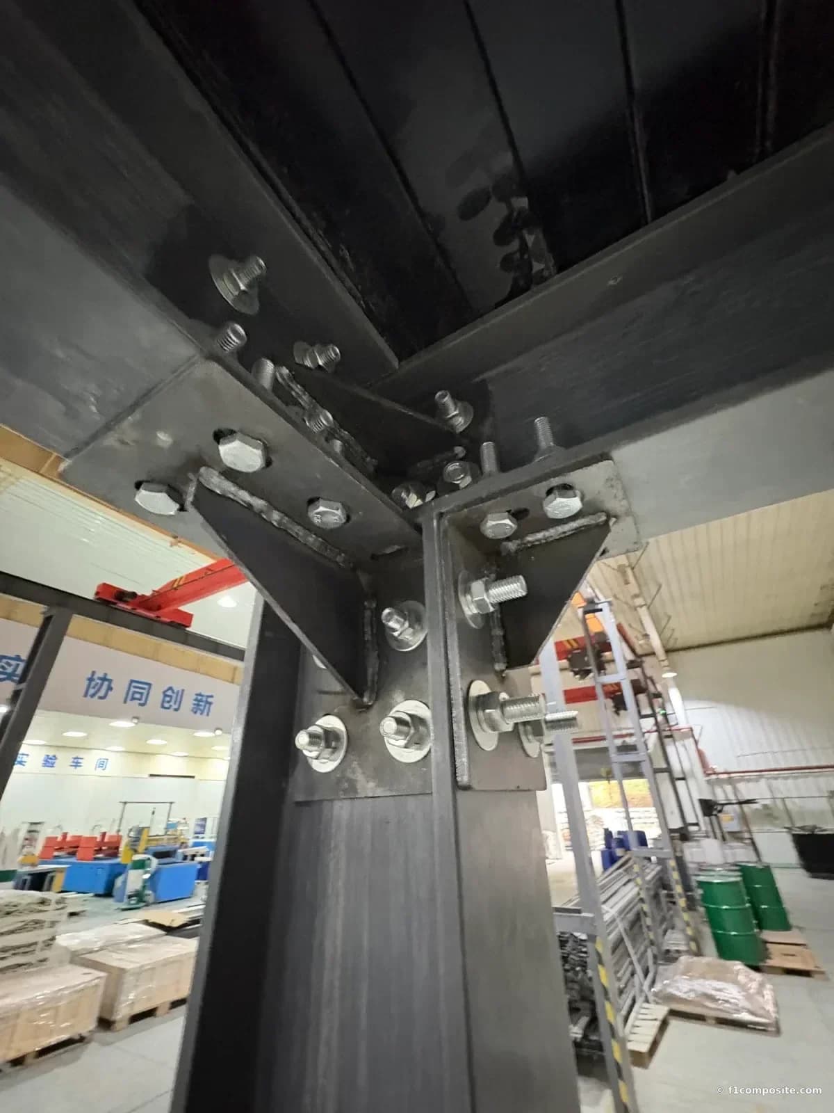 Bolted connection detail between pultruded FRP profiles and 316L stainless steel fasteners — no welding required