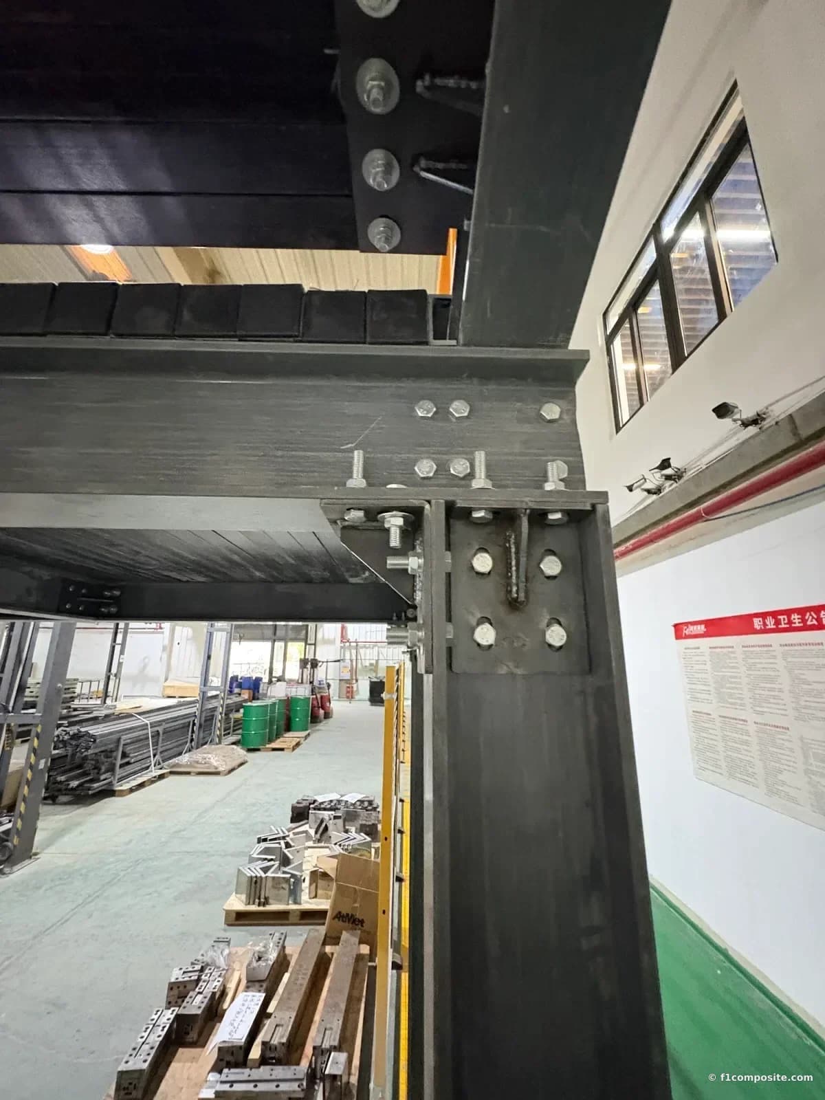 Bolted connection between the platform beams and a post, all pultruded FRP profiles with stainless steel bolts