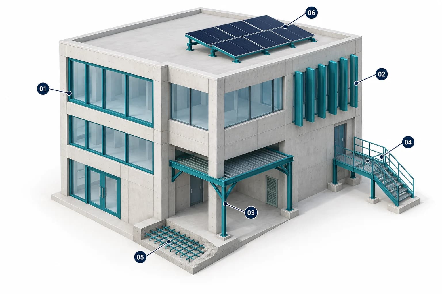Building with six numbered FRP applications: 01 window frames, 02 facade fins, 03 secondary support frame, 04 grating stairs and handrails, 05 slab reinforcement, and 06 rooftop solar supports.