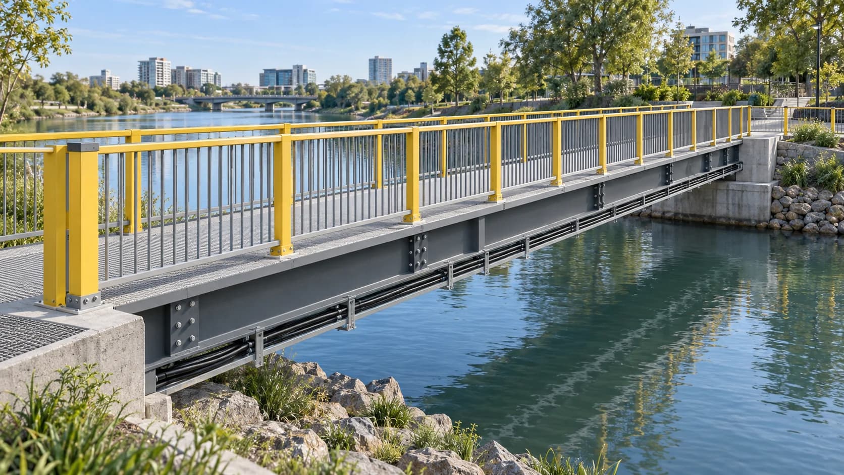 Pedestrian bridge with pultruded FRP girders and yellow handrails over a river