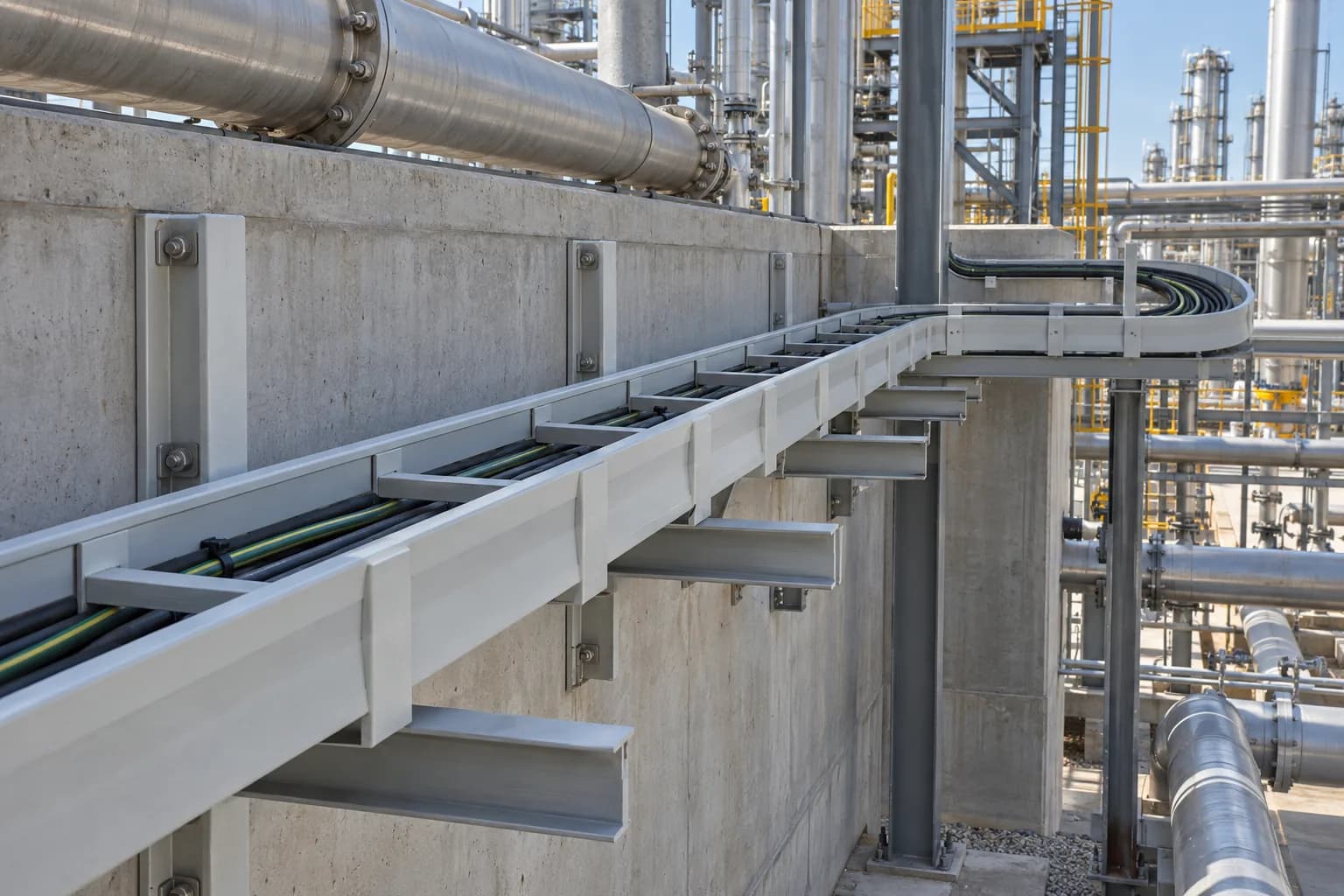 FRP cable ladder on wall brackets in a chemical processing corridor