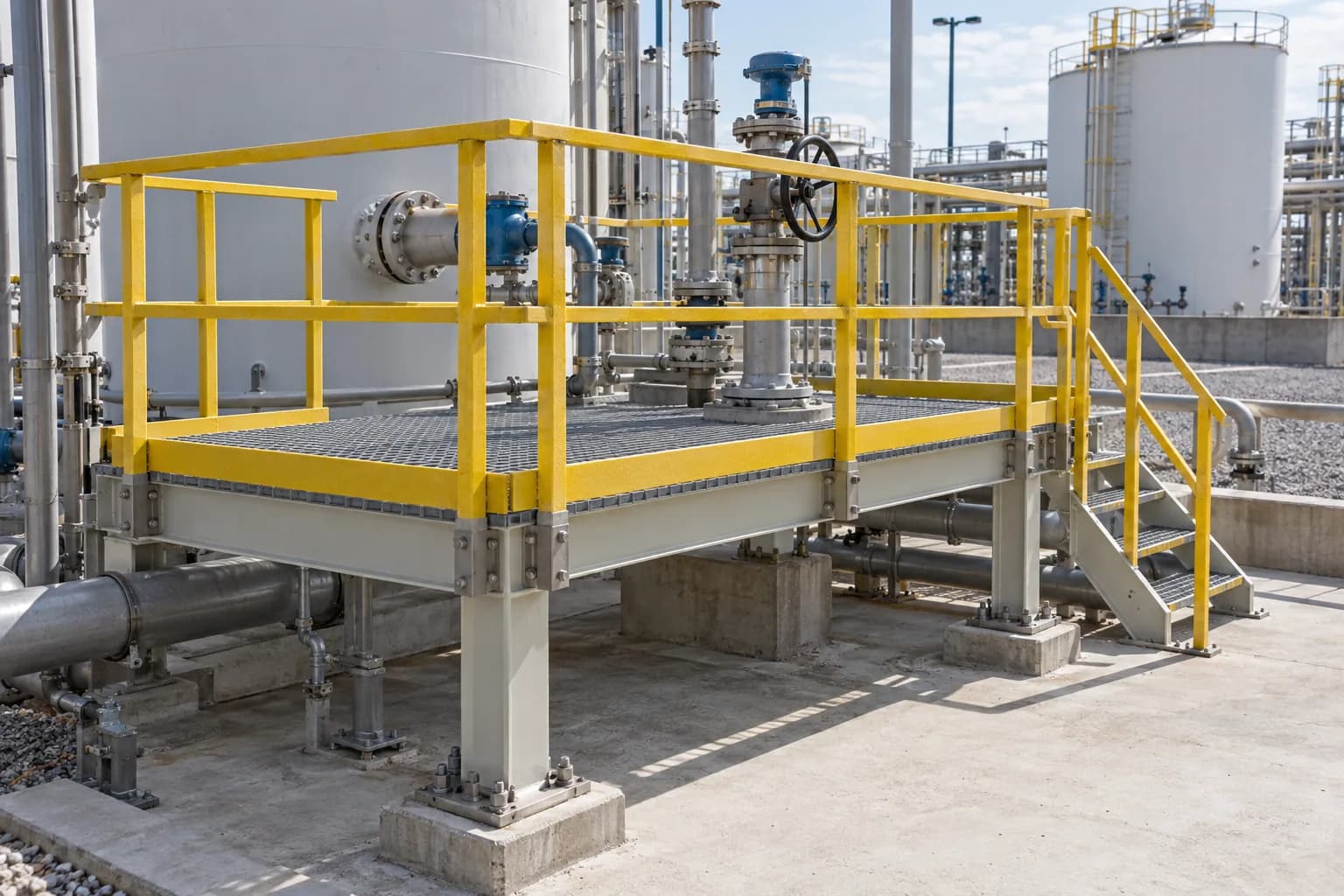 Chemical tank access platform with FRP grating, rails and structural supports