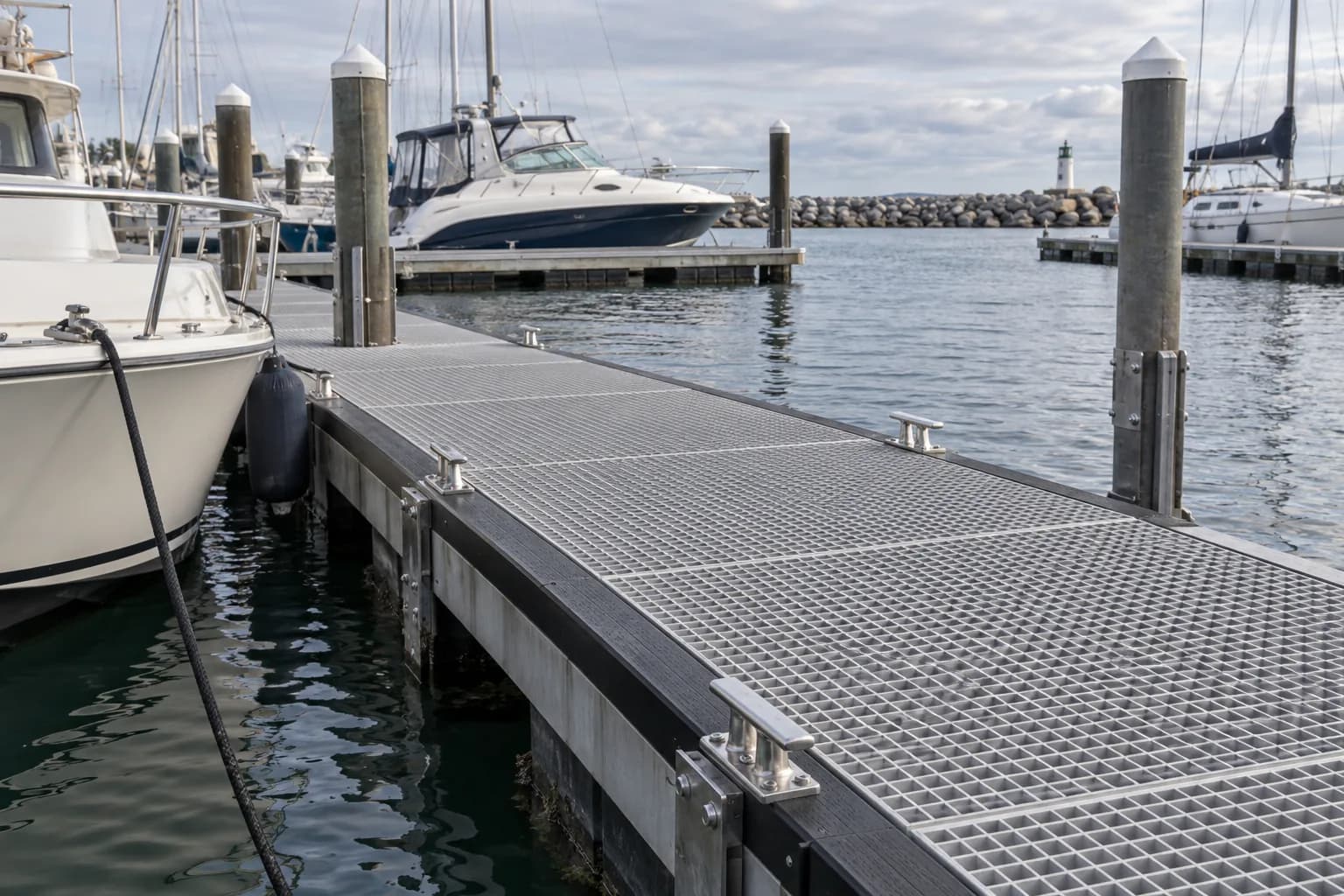 Marina dock with fiberglass grating, mooring cleats and boats