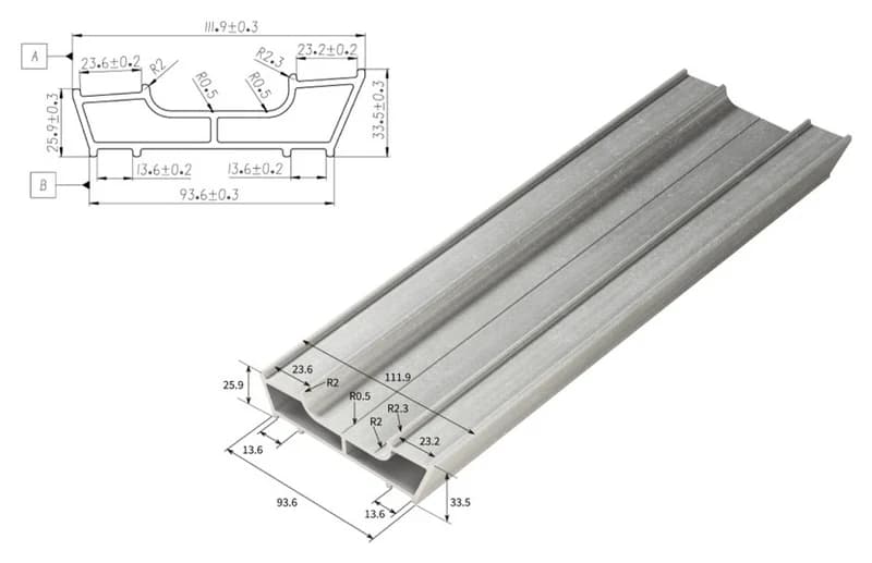 Toleranced drawing of a two-cell custom pultruded profile beside a 3D view of the finished profile