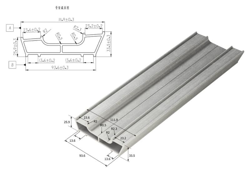 Custom pultruded FRP profile with engineering drawing and dimensional tolerances