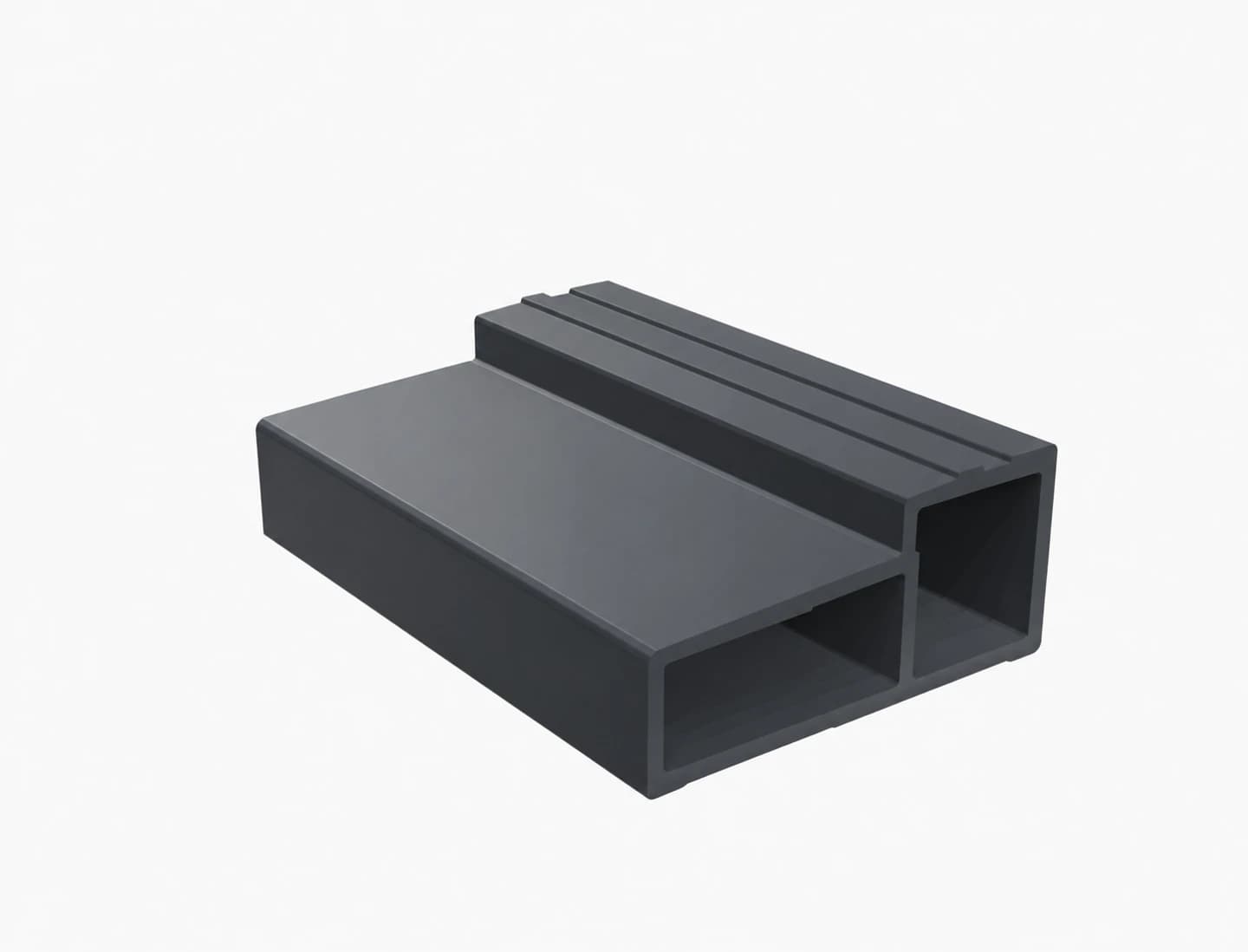 Dark fiberglass threshold with a narrow raised deck and two hollow chambers above a closed base, extruded continuously along its length