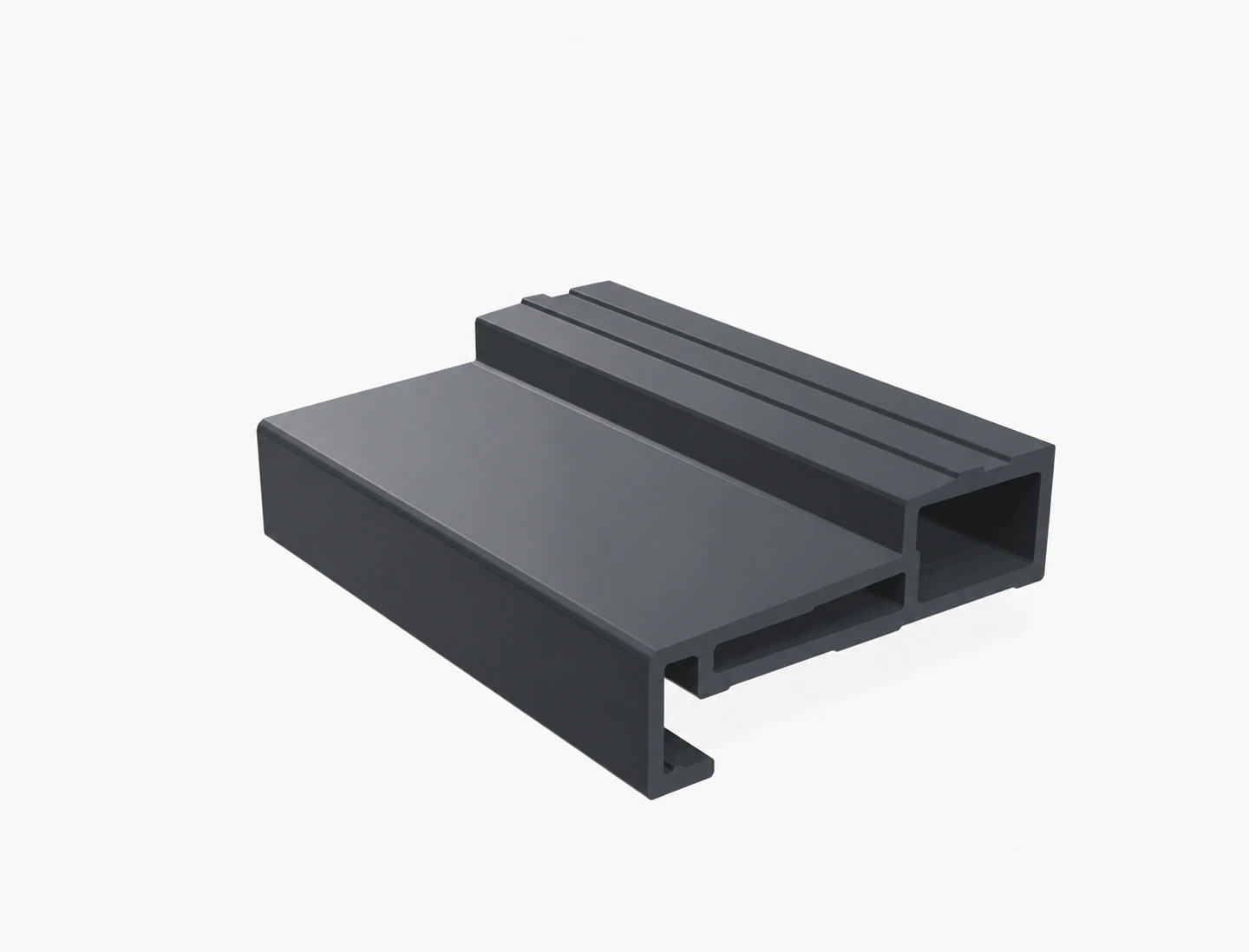 Dark fiberglass threshold with a narrow raised deck, two through chambers and a continuous open hook along the lower edge