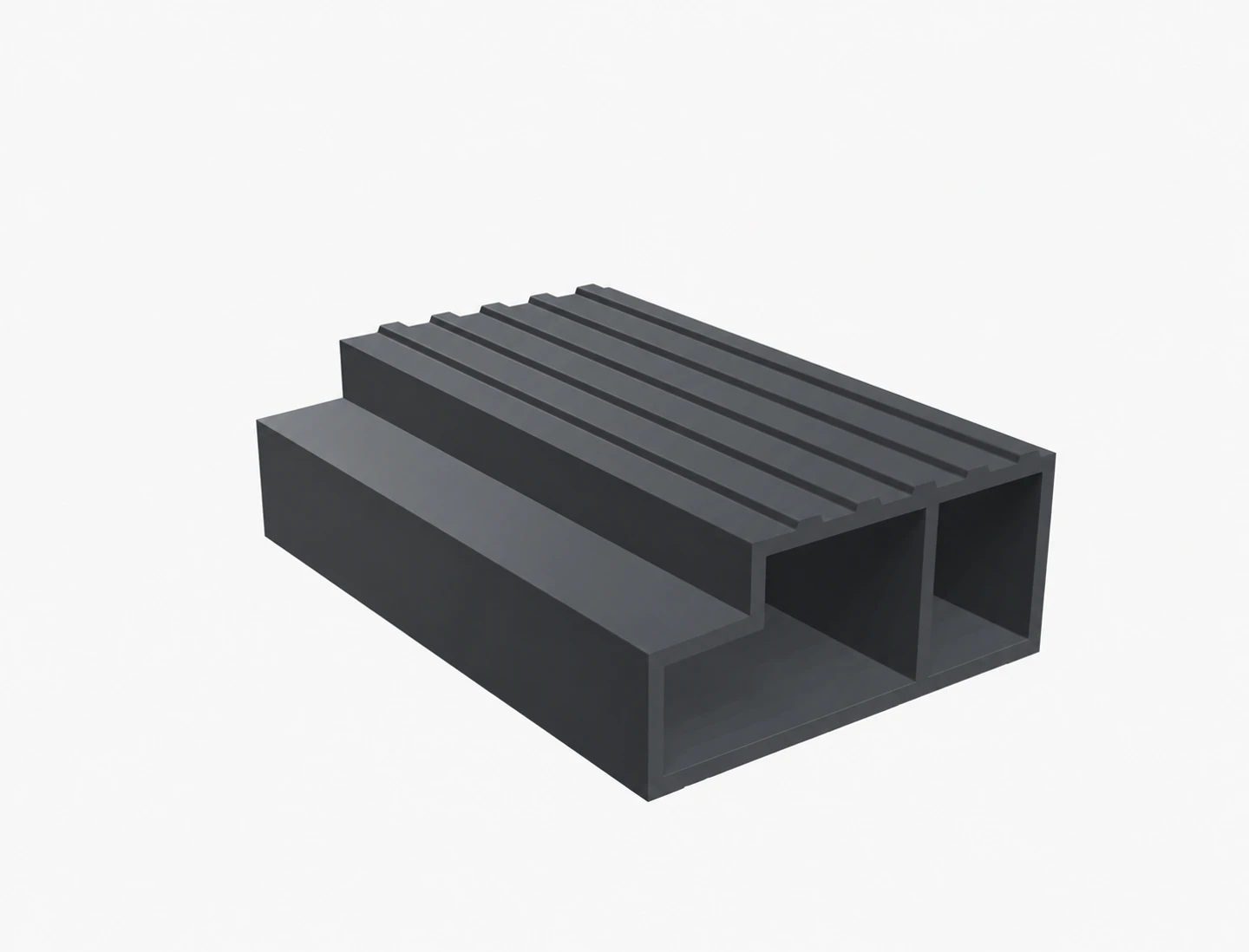 Dark fiberglass threshold with a wide ribbed deck, a stepped hollow chamber and a second rectangular chamber above a closed base