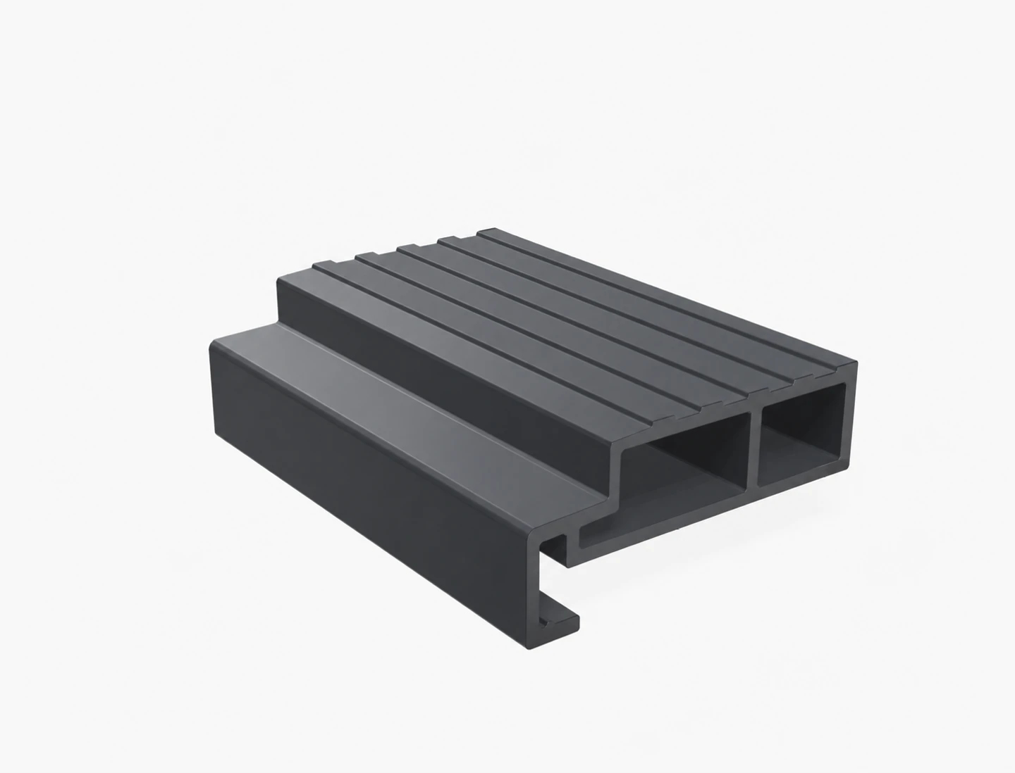 Dark fiberglass threshold with a wide ribbed deck, two through chambers and an open hooked edge extending the full profile length