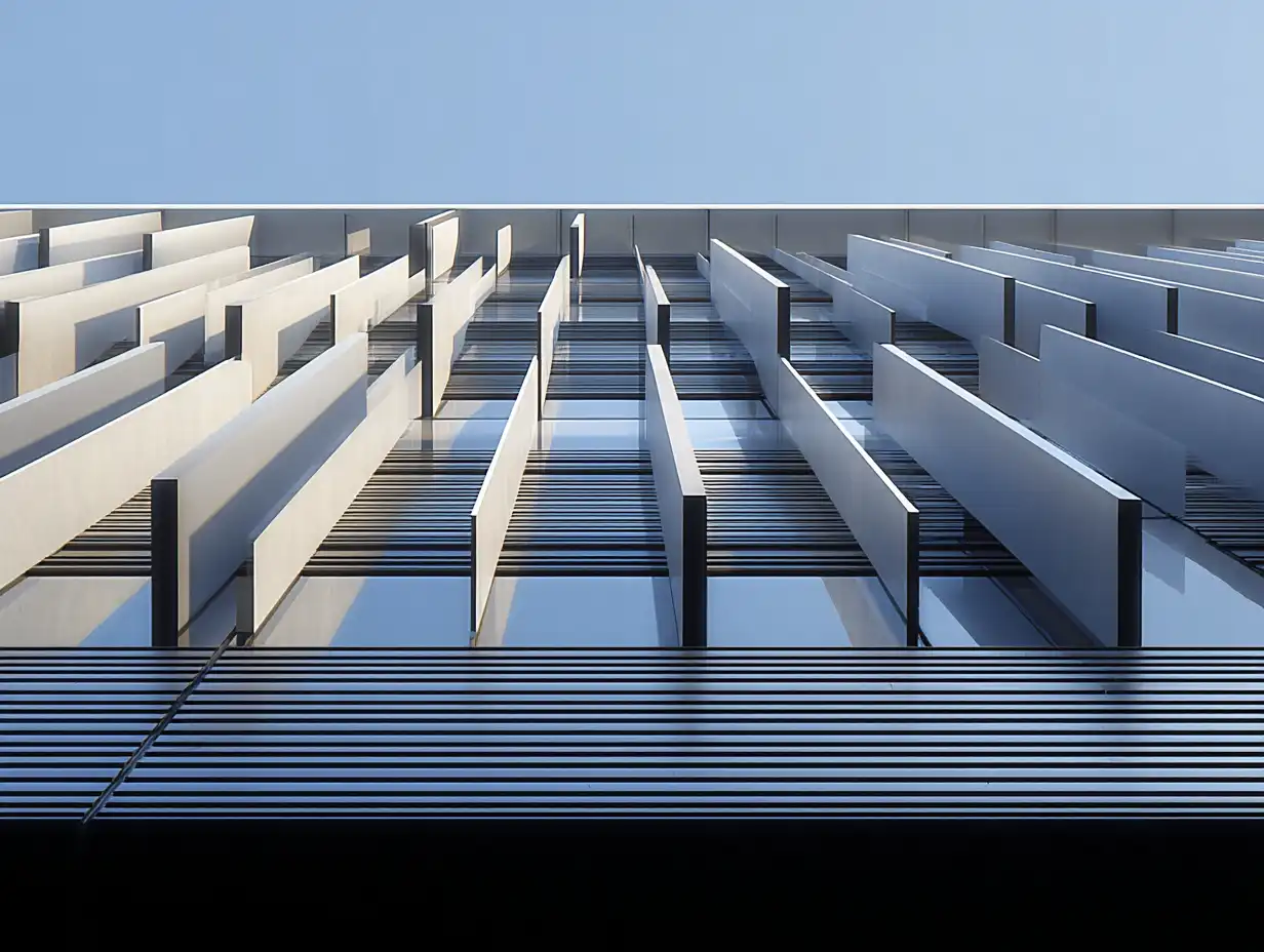 Vertical fin sunshade array on a curtain wall facade — the blade format the E40 plate is engineered for