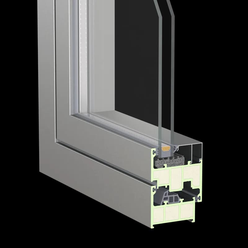 70-series FRP casement frame in section, showing the pultruded chambers and the glazing