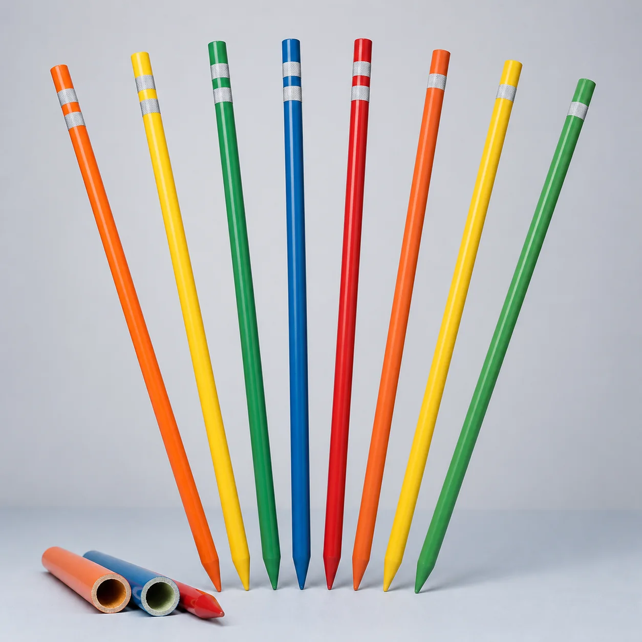 Color-coded fiberglass snow markers with reflective bands and pointed tips