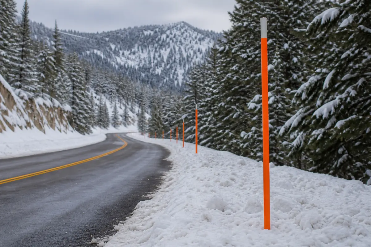 Orange fiberglass snow markers lining a plowed mountain road after heavy snowfall