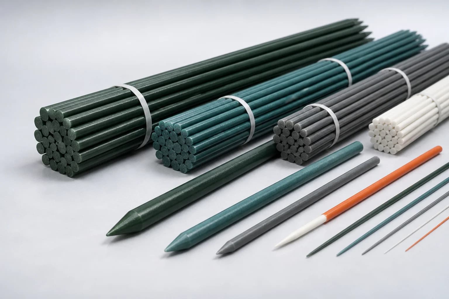 Pultruded fiberglass stakes in multiple diameters, colors and tapered-end options