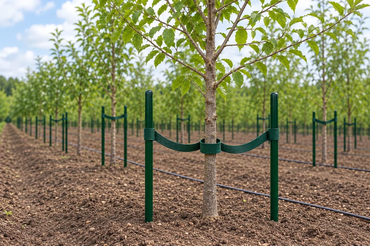 Young nursery tree supported by two dark green fiberglass tree stakes and wide soft ties