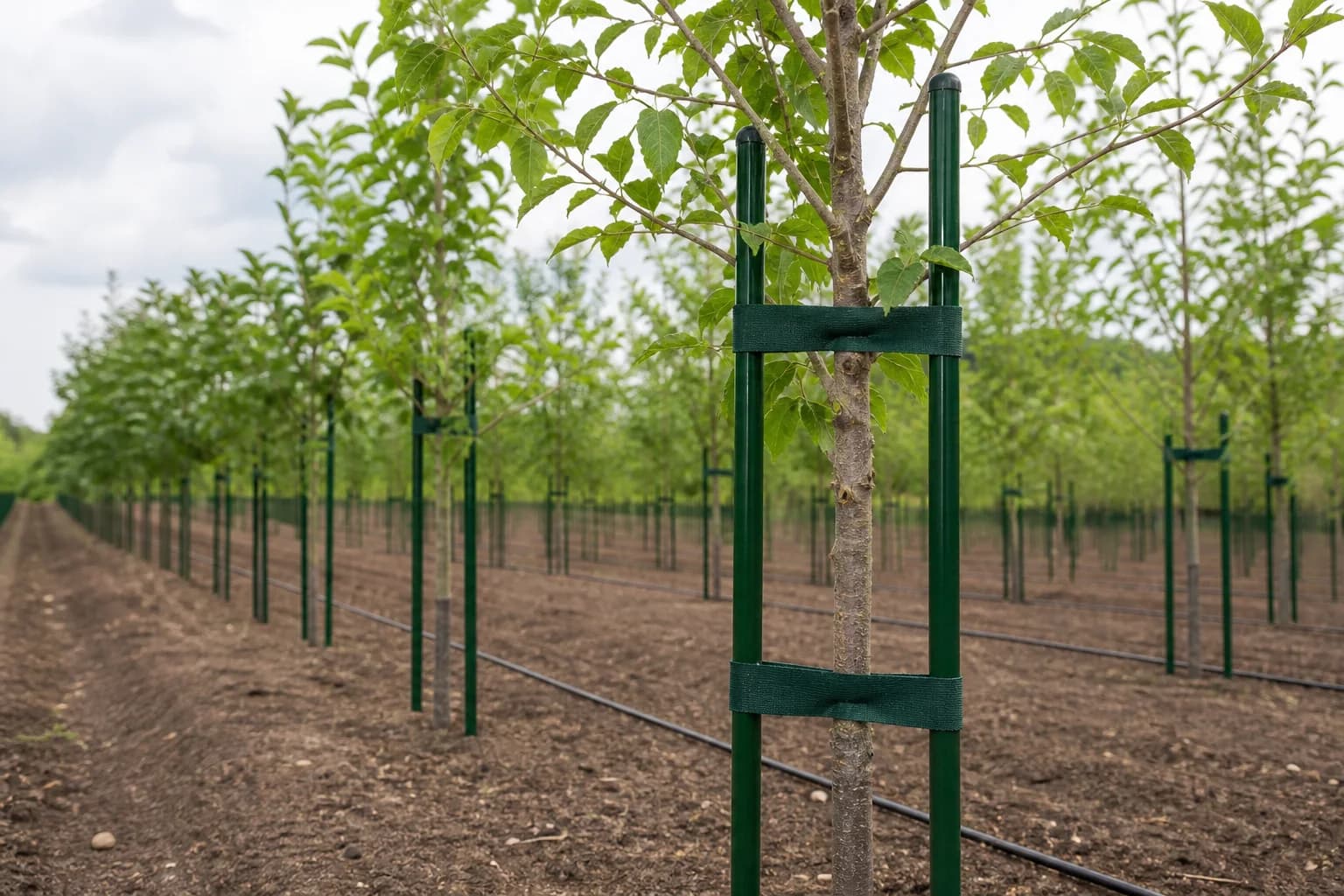 Young nursery tree supported by two dark green fiberglass tree stakes and wide soft ties