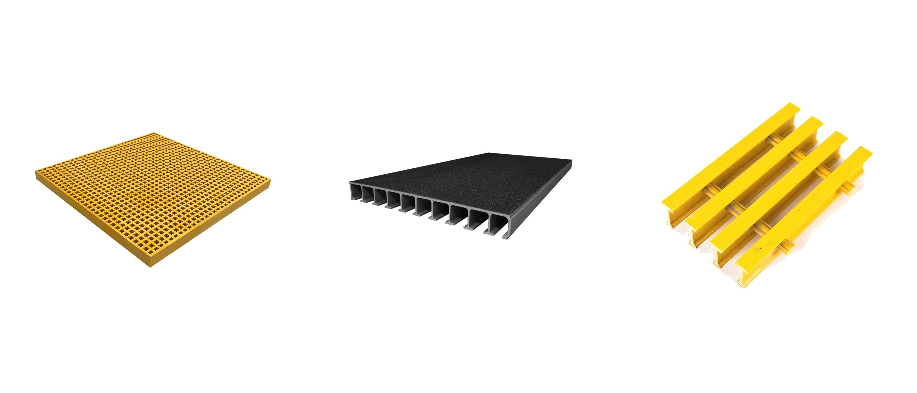 Three FRP grating types side by side — yellow molded mesh grating panel, gritted solid-top structural deck panel, and yellow pultruded I-bar grating sample