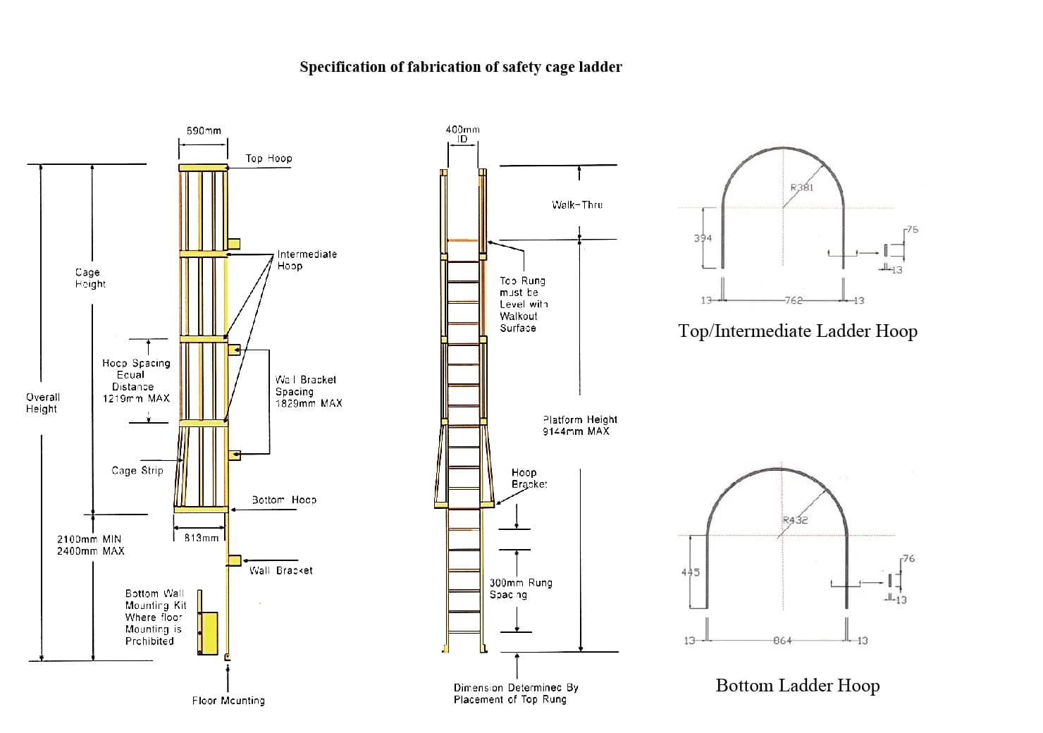 Typical FRP fixed ladder cage arrangement with hoops, strips, brackets, walk-through and catalog dimensions