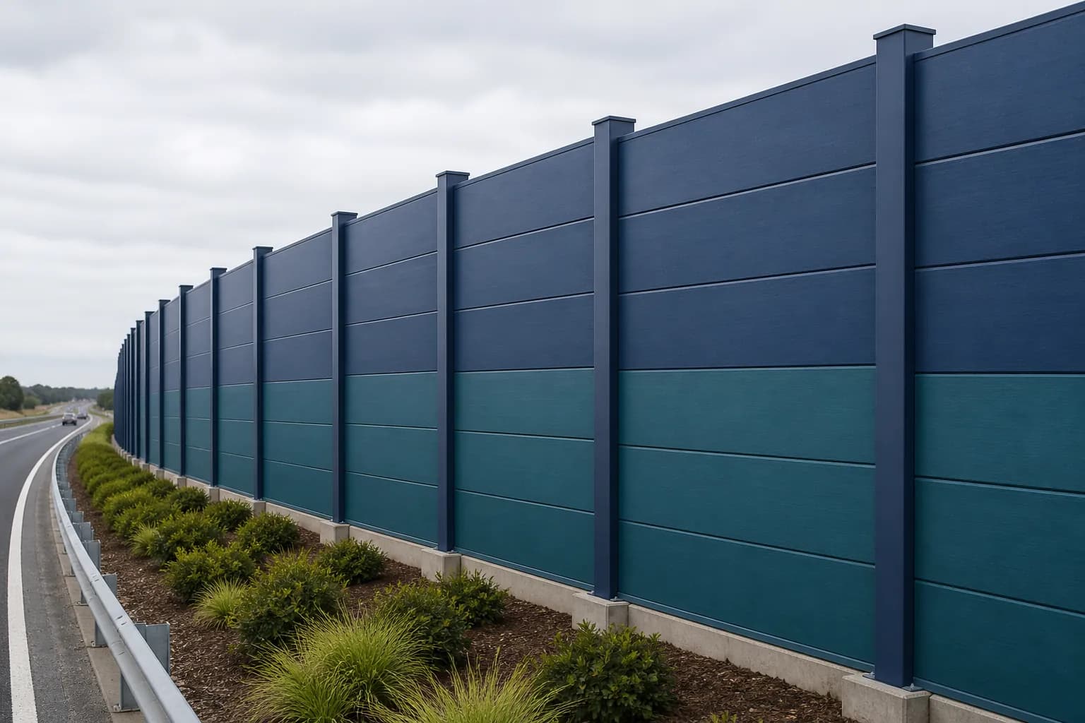 Blue and teal modular FRP sound barrier wall panels installed along a highway