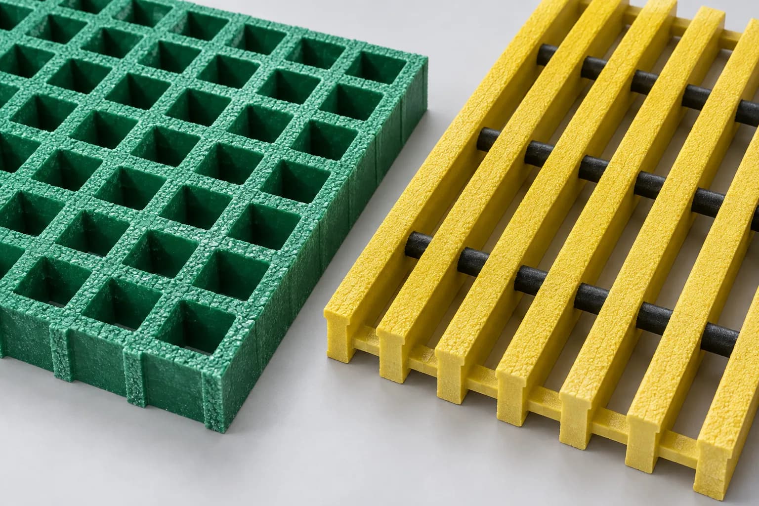 Green moulded square-mesh and yellow pultruded FRP grating samples