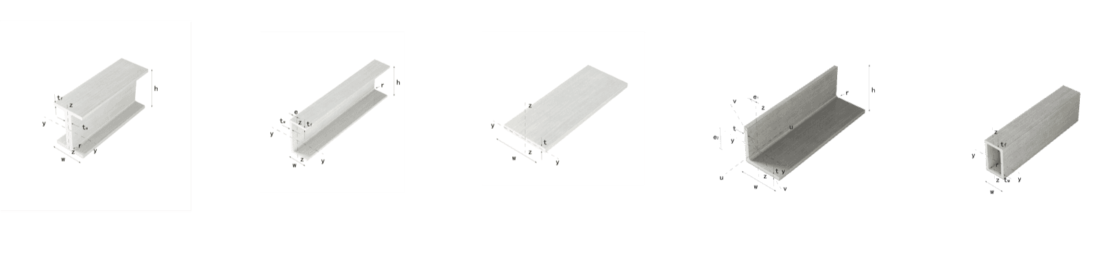 Dimensioned engineering renders of pultruded FRP structural shapes — I-beam, channel, flat, angle and square tube