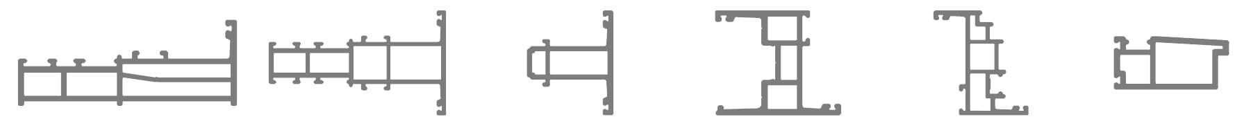 140 Series Compression-Seal Sliding Door source-catalog profile cross-sections in current code-list order; reference geometry only, not dimensioned production drawings