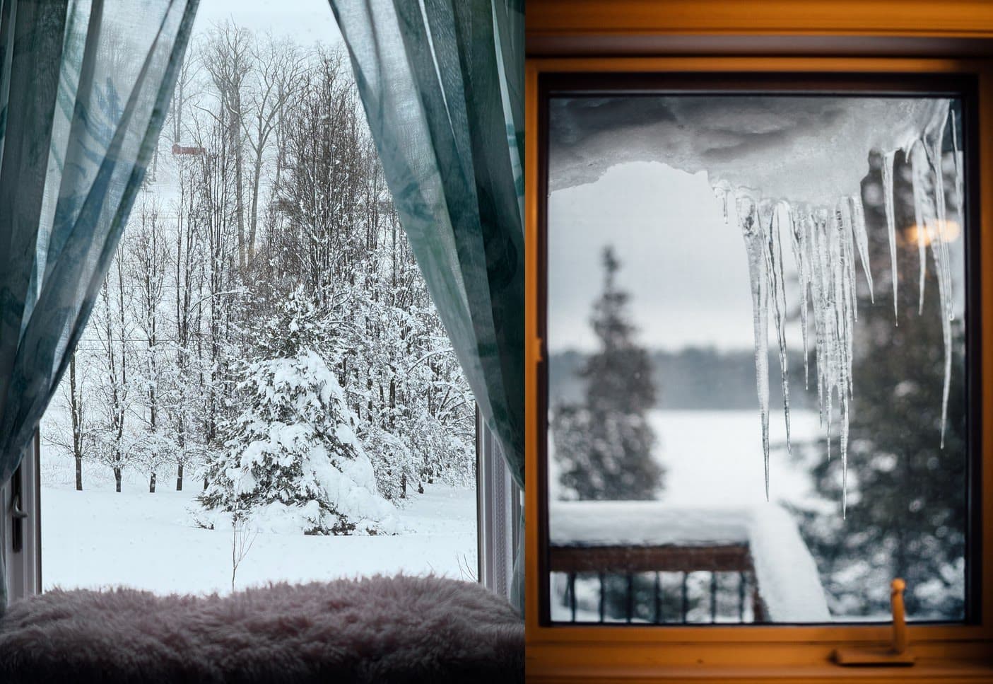 Interior view through a Canadian window in winter — passive-house-grade fiberglass window frames hold up against snow, ice, and sub-zero cold