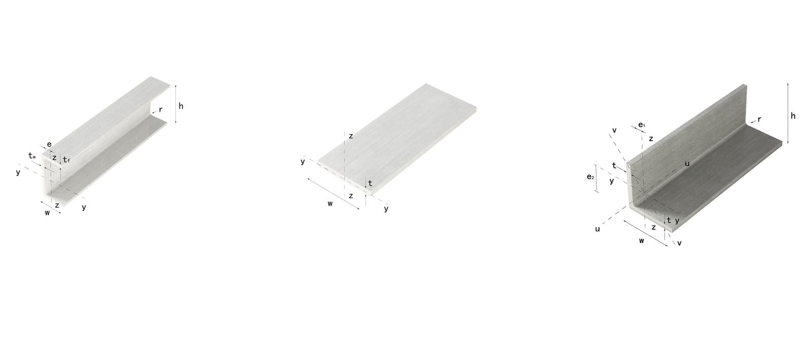 Dimensioned isometric drawings of pultruded FRP structural profile shapes — channel, flat plate, and angle sections — to EN 13706 / ASTM D3917, supplied factory-direct for US projects