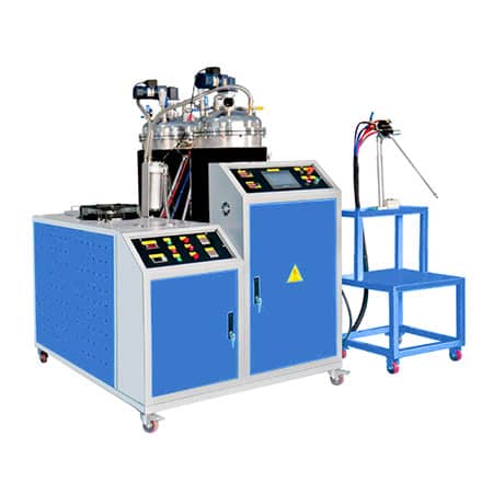 Blue two-component resin injection unit with two stainless-steel tanks, control cabinets and a mixing-head support